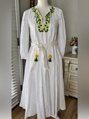 kate spade White Maxi Dress with Yellow & Green Embroidery Accents